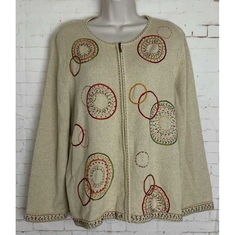 Alfred Dunner Womens Full Zip Beige Embroidered Beaded Sweater Padded Shoulder L